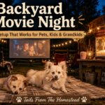backyard movie night setup with dogs Boomer and Ollie on blanket string lights and projector screen