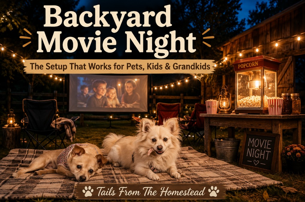 backyard movie night setup with dogs Boomer and Ollie on blanket string lights and projector screen
