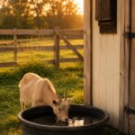 Nigerian Dwarf goat drinking from a low stock tank with a bat house mounted on the barn wall