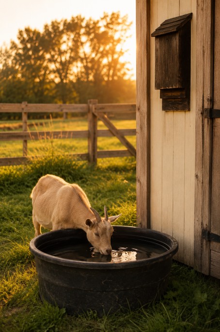 Nigerian Dwarf goat drinking from a low stock tank with a bat house mounted on the barn wall