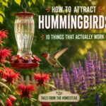 Picture of a humming bird eating from a feed with red and purple flower