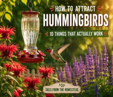 Picture of a humming bird eating from a feed with red and purple flower