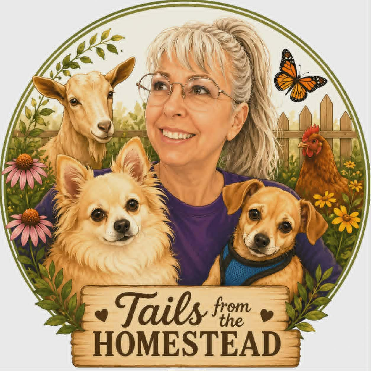 Tails From The Homestead illustrated logo with Caryn, Boomer, Ollie, a goat, and a chicken